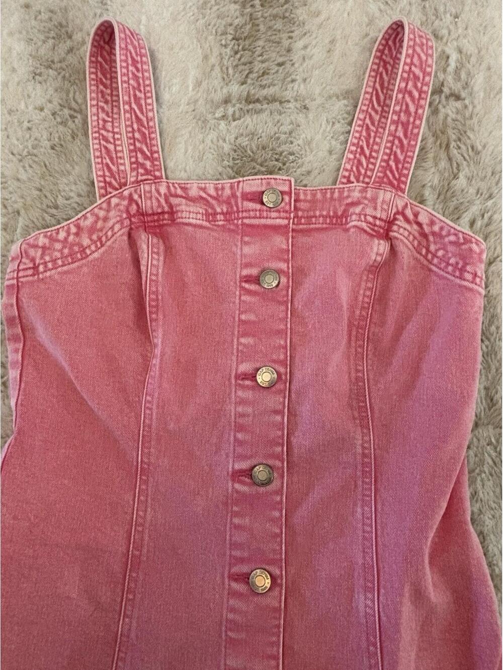 GAP Pink Denim Mini Dress Button Front Strappy NWT Size Small - Picture 5 of 9